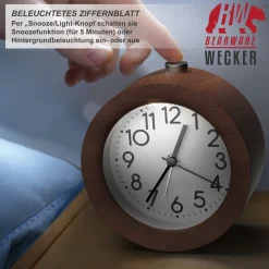 Analoger Wecker mit rundem Holzkorpus Holz Wecker mit beleuchtetem Ziffernblatt ^ BEARWARE