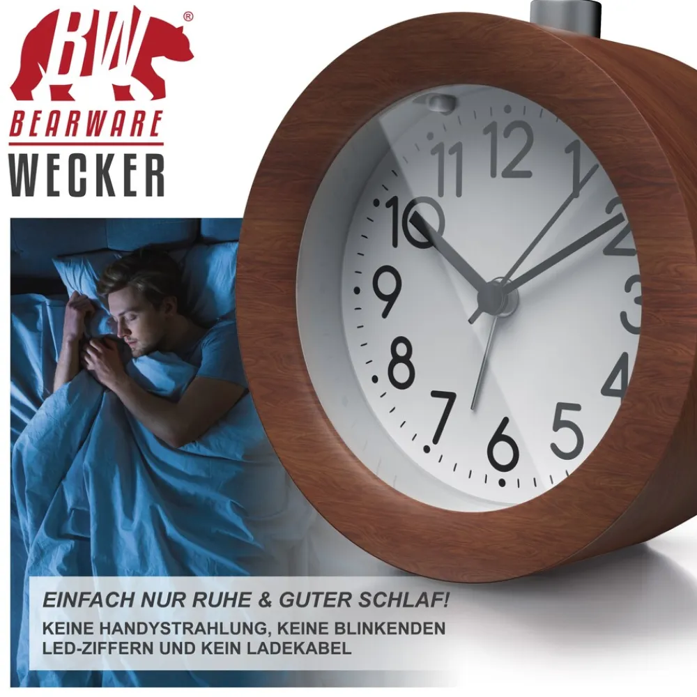 Analoger Wecker mit rundem Holzkorpus Holz Wecker mit beleuchtetem Ziffernblatt ^ BEARWARE