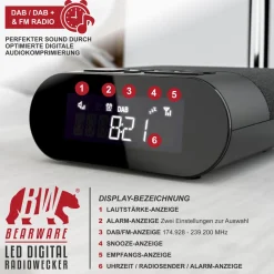 BEARWARE DAB+ Radiowecker - Küchenradio digital - FM und DAB / DAB + Radio mit je 20 Speicherplätzen - 16 Lautstärkestufen - Wecker - große Ziffern New