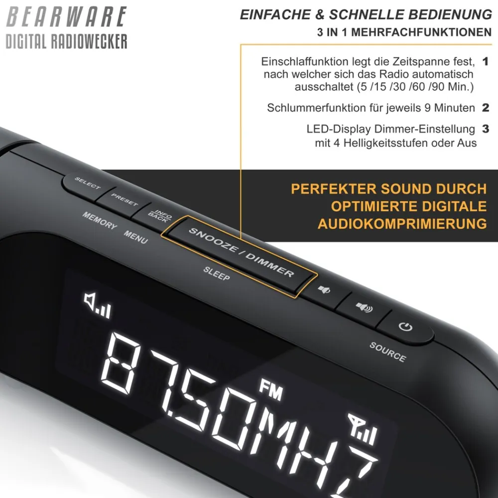 DAB+ Radiowecker mit Projektion - Küchenradio digital - FM und DAB/DAB + Radio mit je 20 Speicherplätzen - 16 Lautstärkestufen - Wecker ^ BEARWARE