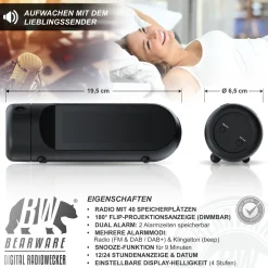 DAB+ Radiowecker mit Projektion - Küchenradio digital - FM und DAB/DAB + Radio mit je 20 Speicherplätzen - 16 Lautstärkestufen - Wecker ^ BEARWARE