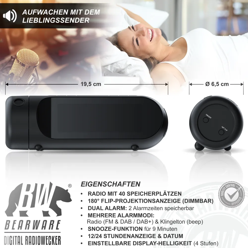 DAB+ Radiowecker mit Projektion - Küchenradio digital - FM und DAB/DAB + Radio mit je 20 Speicherplätzen - 16 Lautstärkestufen - Wecker ^ BEARWARE