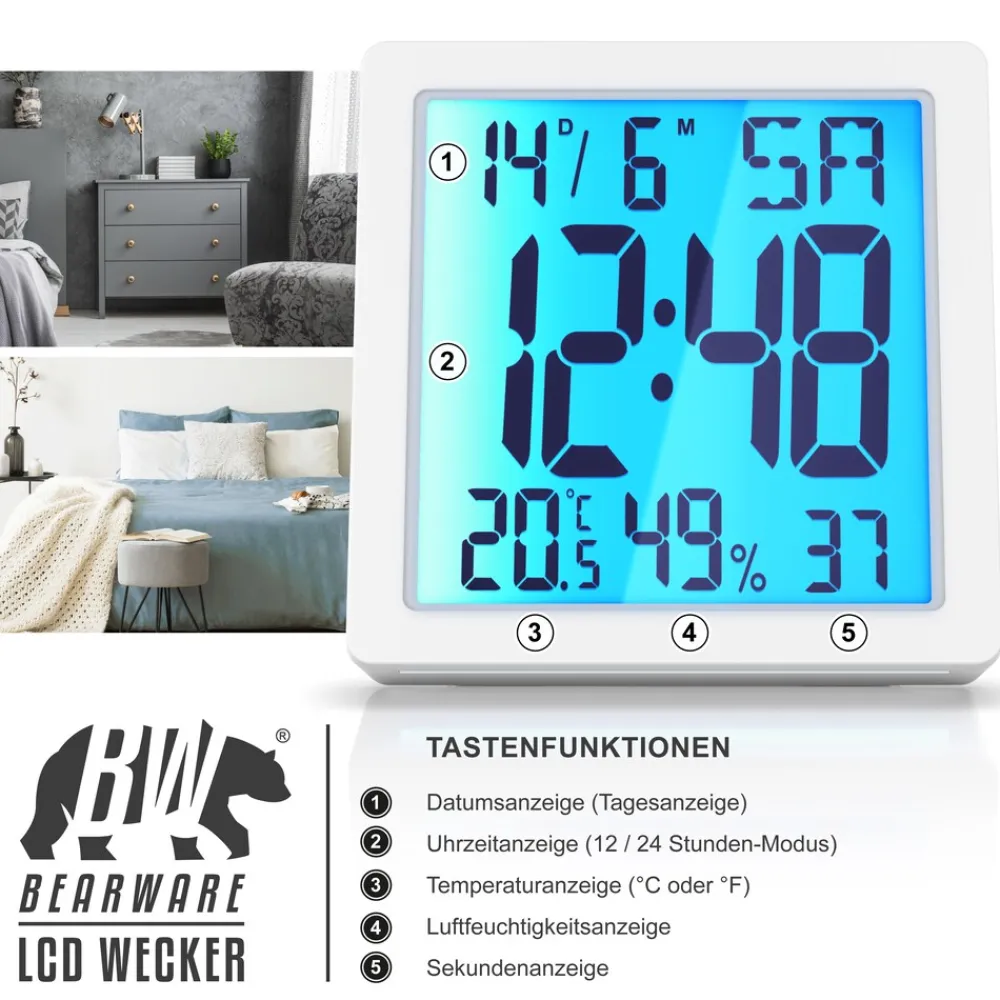 Digitalwecker, Licht, Temperatur, Luftfeuchtigkeit, Datum, Uhrzeit, Snooze, LCD, für Zuhause & unterwegs ^ BEARWARE Discount