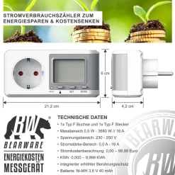 BEARWARE Energiekostenmessgerät - Stromverbrauchszähler, Energiekosten Anzeige - Stromzähler - 3680W - Energiemessgerät Clearance