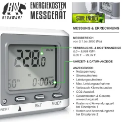 BEARWARE Energiekostenmessgerät - Stromverbrauchszähler, Energiekosten Anzeige - Stromzähler - 3680W - Energiemessgerät Clearance