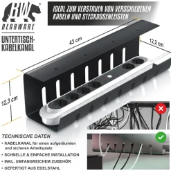BEARWARE Kabelkanal, Edelstahl, unter dem Schreibtisch, ohne Bohren New