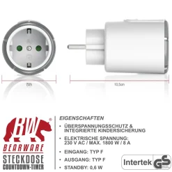 BEARWARE Steckdose mit Countdown Timer Zeitschaltuhr mit 5 einstellbaren Zeitintervallen New