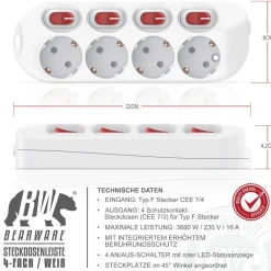 Steckdosenleiste Mehrfachsteckdose Steckerleiste 3680W, 4-fach ^ BEARWARE Best