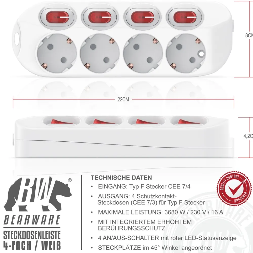 Steckdosenleiste Mehrfachsteckdose Steckerleiste 3680W, 4-fach ^ BEARWARE Best
