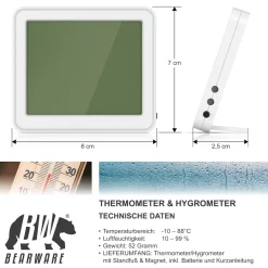 - Thermometer Hygrometer - Temperatur und Luftfeuchtigkeit - Uhrzeit - gut ablesbare LCD-Anzeige - Magnethalter, Aufhängeöse und Standfuß ^ BEARWARE Online