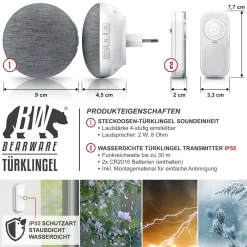 BEARWARE Türklingel Set mit Funk, 21 Melodien, 2-teilig, IP55 wasserdicht, 4 Lautstärken, inkl. Zubehör Hot