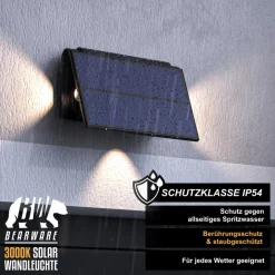 BEARWARE 2x LED Solarleuchte Solar Wandleuchte für außen mit Akku & ohne Stromanschluss Wasserdicht, Ein-/Ausschalter; mehrere Helligkeitsstufen, LED fest integriert, Warmweiß, 1800 mAh Akku, Solarpanel, IP54, wetterfest, für Außenmontage Outlet