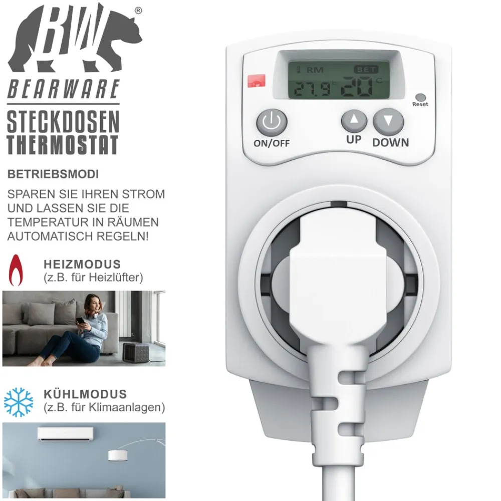 2x Steckdosen-Thermostat, max. 3680 W, programmierbar von 5°-30°C LCD Display mit Statusanzeige ^ BEARWARE Outlet