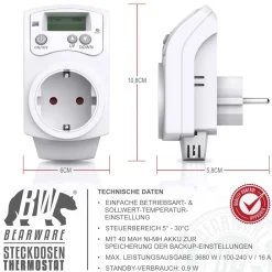 2x Steckdosen-Thermostat, max. 3680 W, programmierbar von 5°-30°C LCD Display mit Statusanzeige ^ BEARWARE Outlet