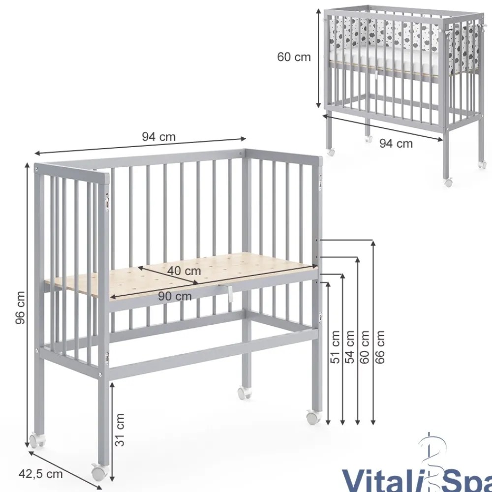 Beistellbett SOPHIE Grau Babybett Stillbett Stubenbett Nestchen Boxspringbett 2 Seitenteile ^ VitaliSpa Best