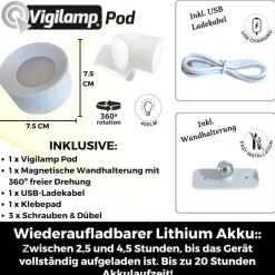Best Direct ® Wandleuchte - schwenkbare Leselampe, Akku, USB Vigilamp POD weiß Online