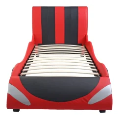 MCW Bett -E14, Auto Junge Kinderbett Jugendbett, Lattenrost Kunstleder Holz 190x100cm ~ schwarz-rot New