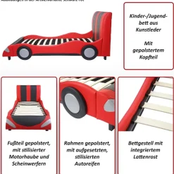 MCW Bett -E14, Auto Junge Kinderbett Jugendbett, Lattenrost Kunstleder Holz 190x100cm ~ schwarz-rot New