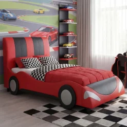 MCW Bett -E14, Auto Junge Kinderbett Jugendbett, Lattenrost Kunstleder Holz 190x100cm ~ schwarz-rot New