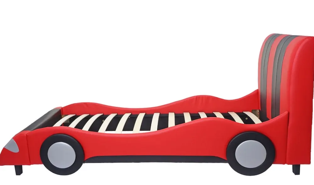 MCW Bett -E14, Auto Junge Kinderbett Jugendbett, Lattenrost Kunstleder Holz 190x100cm ~ schwarz-rot New