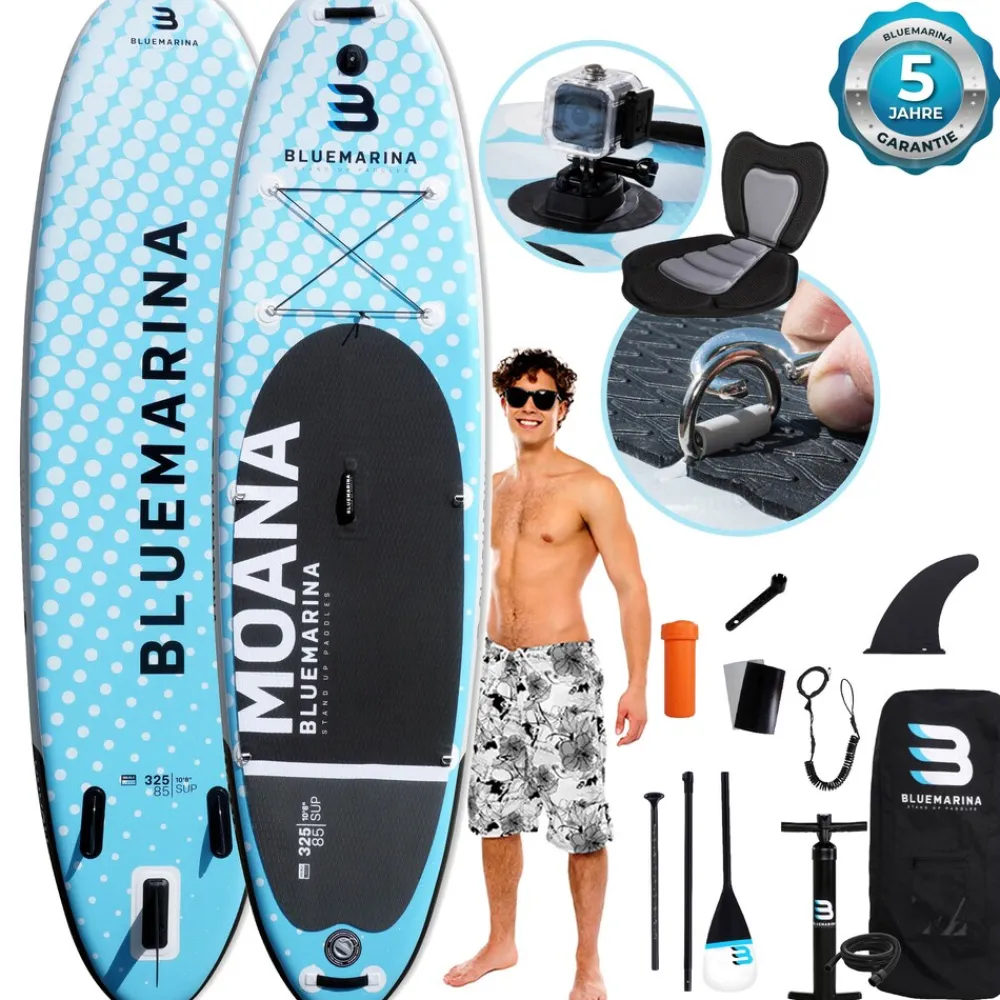Bluemarina SUP Board Moana, aufblasbar mit Doppelkolben-Pumpe, Paddel, Rucksack, 5J Garantie (Classic 2.0, 325x86x15cm / 10'8") Outlet