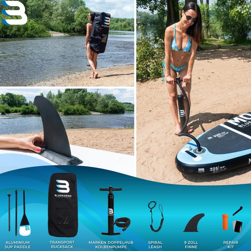Bluemarina SUP Board Moana, aufblasbar mit Doppelkolben-Pumpe, Paddel, Rucksack, 5J Garantie (Classic 2.0, 325x86x15cm / 10'8") Outlet
