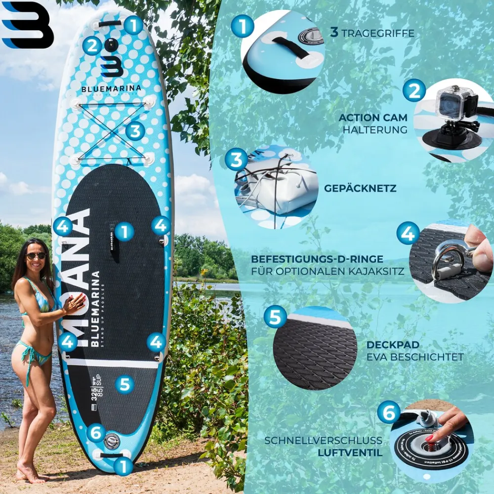 Bluemarina SUP Board Moana, aufblasbar mit Doppelkolben-Pumpe, Paddel, Rucksack, 5J Garantie (Classic 2.0, 325x86x15cm / 10'8") Outlet