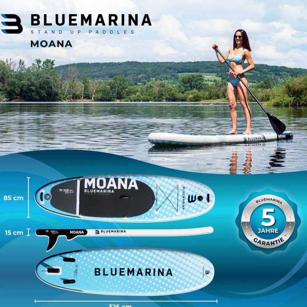 Bluemarina SUP Board Moana, aufblasbar mit Doppelkolben-Pumpe, Paddel, Rucksack, 5J Garantie (Classic 2.0, 325x86x15cm / 10'8") Outlet