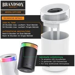 Aroma Diffuser und Ultraschall Luftbefeuchter 2,5 l, Stimmungslicht, 2 Dampfausgänge, inklusive 10 ml Aromaöl, für Wohn und Schlafzimmer, Yoga, Spa ^ Brandson New
