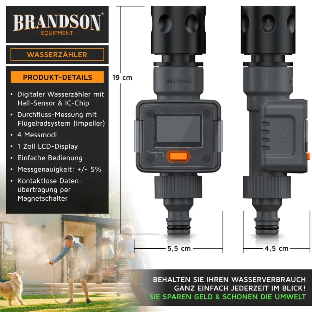 Brandson digitaler Wasserzähler 3/4 Zoll für Gartenschlauch, Durchflussmesser, 4 Modi, IPX6, zur Verbrauchskontrolle Clearance
