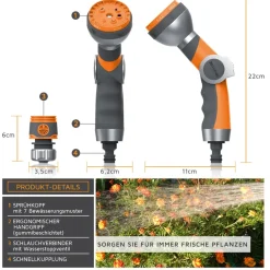Brandson Gartenbrause 7 Sprühprofile - Garten Handbrause für Gartenschlauch - Pistolengriff mit Halteclip - 1-8 bar Wasserdruck - regelbar