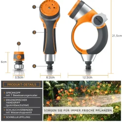 Garten-Handbrause | Gartenpistole Gartenbrause | 7 Sprühprofile | Schieberegler | Pistolengriff mit Halteclip | 1-8 bar Wasserdruck ^ Brandson Best
