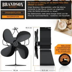 Brandson Kaminventilator, mit Thermometer, 4 Rotorblätter, stromlos, leise Clearance
