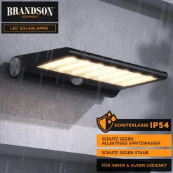 Brandson LED Solarleuchte Außenlampe, 84 SMD LEDs, PIR, 3 CCT, IP54, 1500 mAh, Solarpanel, wetterfest, für Außenmontage