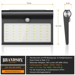 Brandson LED Solarleuchte Außenlampe, 84 SMD LEDs, PIR, 3 CCT, IP54, 1500 mAh, Solarpanel, wetterfest, für Außenmontage