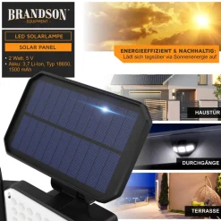 Brandson LED Solarleuchte Außenlampe, 120 LEDs, PIR-Sensor, 500 Lumen, Kaltweiß, 2400 mAh Akku, wetterfest, schwenkbar New