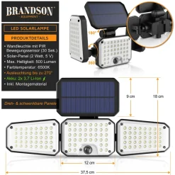 Brandson LED Solarleuchte Außenlampe, 120 LEDs, PIR-Sensor, 500 Lumen, Kaltweiß, 2400 mAh Akku, wetterfest, schwenkbar New