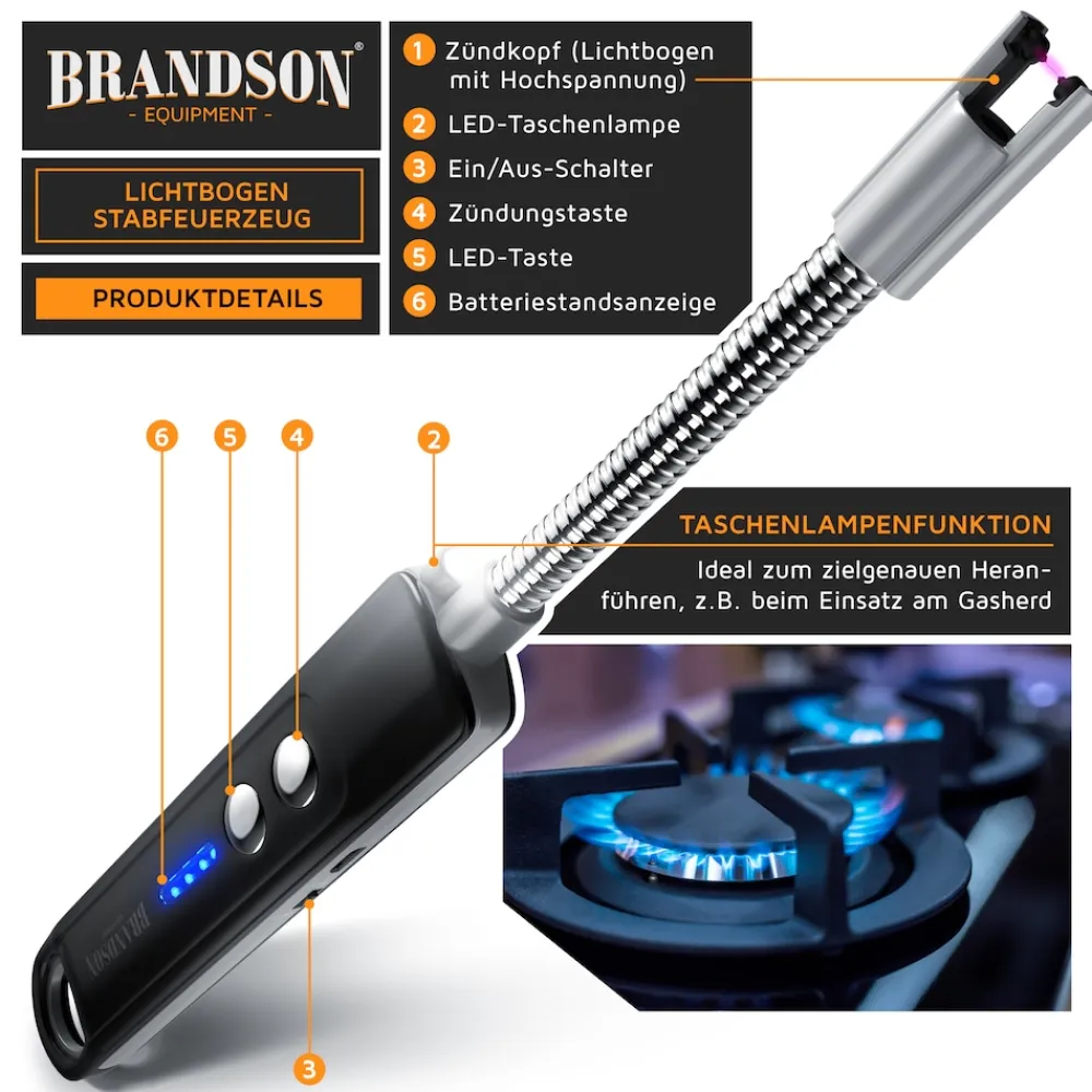 - Lichtbogen Feuerzeug - Stabfeuerzeug - Feuerzeug elektrisch - USB Feuerzeug aufladbar - Kerzenanzünder - mit LED Batteriestandsanzeige ^ Brandson Outlet