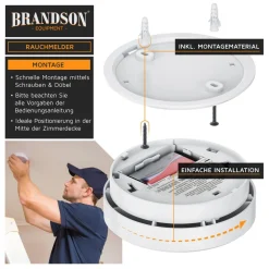 Brandson Rauchmelder 10 Jahre Batterie - 9V Blockbatterie - Smoke Detector - wechselbare Batterie - Gerät wiederverwendbar - DIN EN 14604 2005 Hot