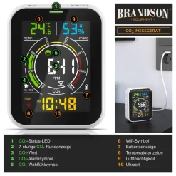 Raumluft-Qualitätssensor CO2-Messgerät, Luftqualitätsprüfer WLAN, App, Kohlenstoffdioxid Sensor, Raumluft Lüftungsempfehlung, Temperatur/Luftfeuchtigkeit, Weckfunktion ^ Brandson Clearance