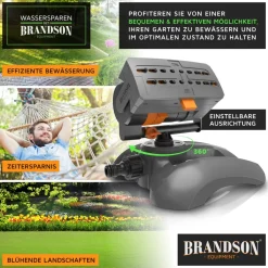 Brandson Viereckregner Garten Sprinkler, Rasensprenger rotierend, Oszillationsregner 16 Düsen, für Flächen bis 180 m², Wasserstrahl stufenlos einstellbar, Oszillation 30–150°, max. 180 m²