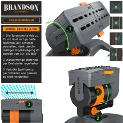 Brandson Viereckregner Garten Sprinkler, Rasensprenger rotierend, Oszillationsregner 16 Düsen, für Flächen bis 180 m², Wasserstrahl stufenlos einstellbar, Oszillation 30–150°, max. 180 m²