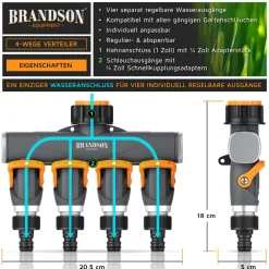 Brandson 4-Wege Schlauchverteiler, 3/4 1/2 Zoll, 2-tlg., schmaler Wasserhahnverteiler, regulierbar, Gartenbewässerung