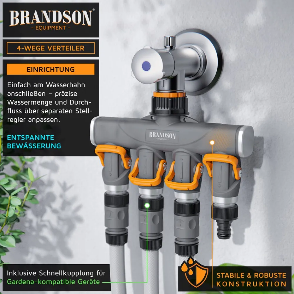 Brandson 4-Wege Schlauchverteiler, 3/4 1/2 Zoll, 2-tlg., schmaler Wasserhahnverteiler, regulierbar, Gartenbewässerung