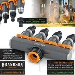 Brandson 4-Wege Schlauchverteiler, 3/4 1/2 Zoll, 2-tlg., schmaler Wasserhahnverteiler, regulierbar, Gartenbewässerung