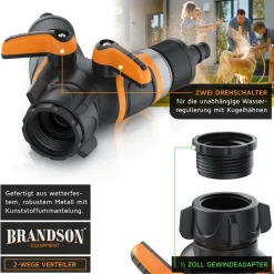 Brandson 2-Wege Verteiler 2-fach Wasserverteiler, Gartenschlauch Schlauchverteiler, 3/4 Zoll, Regulierbarer Wasserhahn Schlauch Verteiler für Gartenbewässerung