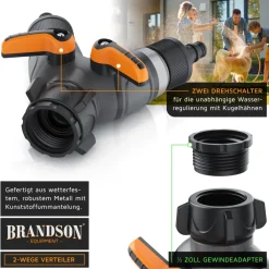 2-Wege Verteiler, 3/4 Zoll, 2-tlg., Wasserverteiler, Schlauchverteiler, regulierbar, für Gartenschlauch & Gartenbewässerung ^ Brandson
