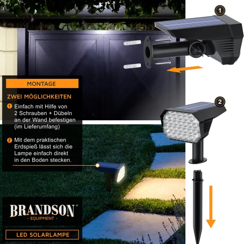 Brandson 6x LED Gartenstrahler Solar Erdspießleuchte, Akku Gartenleuchte, Solarspotlight Wandmontage, Ein-/Ausschalter; mehrere Helligkeitsstufen, LED fest integriert, Warmweiß, Solarstrahler 80 Lumen, Solarleuchte warnweiß, für Garten, Balkon IP65 Sale