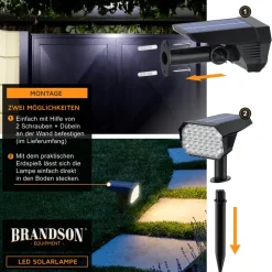 Brandson 6x LED Gartenstrahler Solar Erdspießleuchte, Akku Gartenleuchte, Solarspotlight Wandmontage, Ein-/Ausschalter; mehrere Helligkeitsstufen, LED fest integriert, Warmweiß, Solarstrahler 80 Lumen, Solarleuchte warnweiß, für Garten, Balkon IP65 Sale