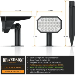 Brandson 6x LED Gartenstrahler Solar Erdspießleuchte, Akku Gartenleuchte, Solarspotlight Wandmontage, Ein-/Ausschalter; mehrere Helligkeitsstufen, LED fest integriert, Warmweiß, Solarstrahler 80 Lumen, Solarleuchte warnweiß, für Garten, Balkon IP65 Sale